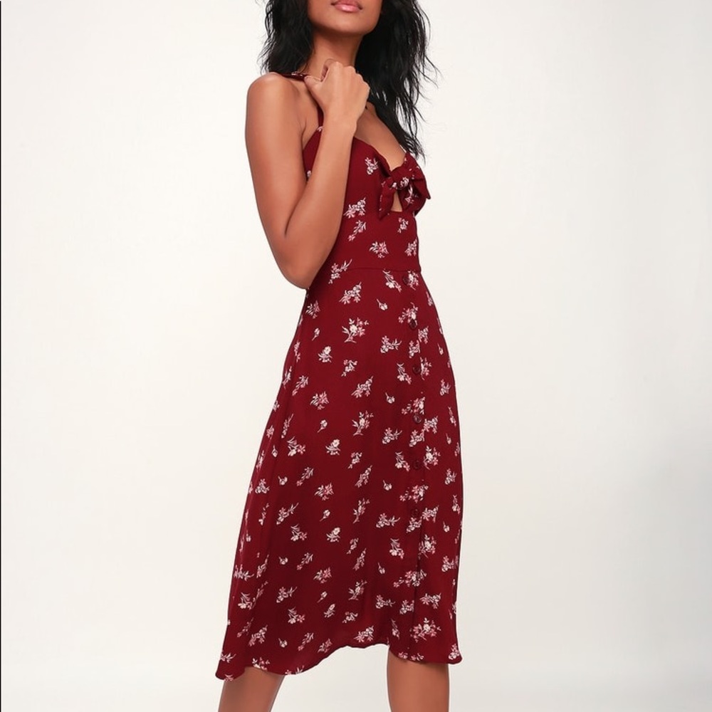 Wine Red Floral Print Tie-Front Midi Dress